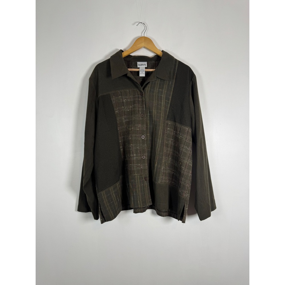 Artful BonWorth Womens XL Button Up Top Olive Green Patchwork Plaid Stitching